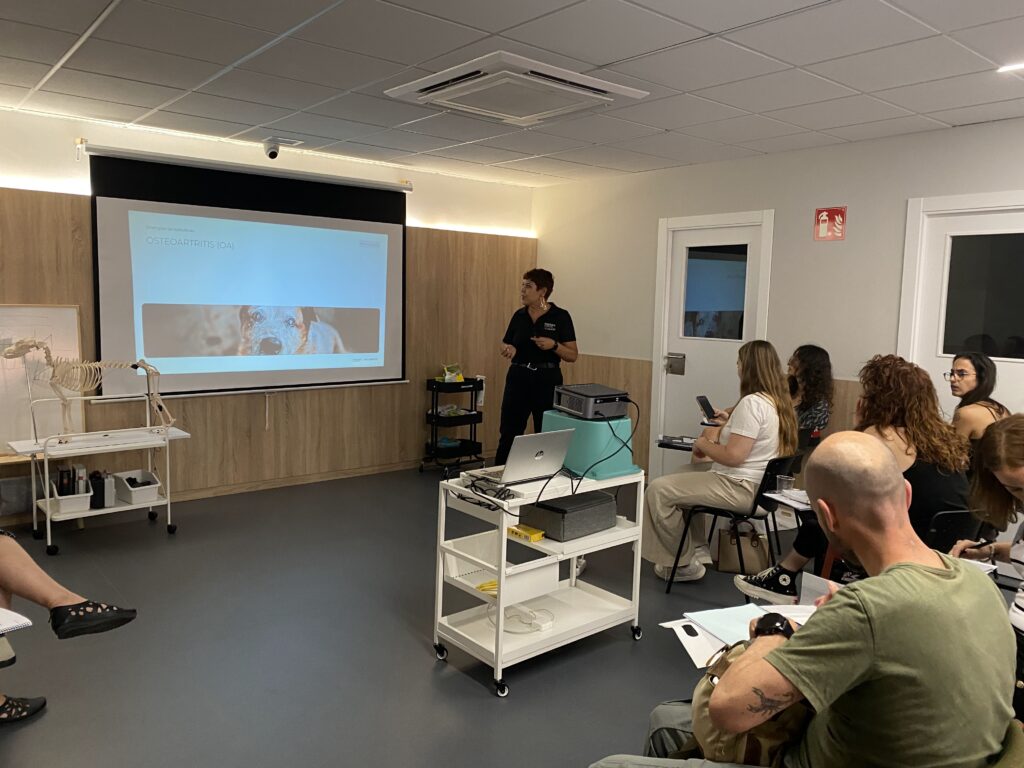 Anabel Marí, representante de INDIBA y K-Laser, dando una conferencia sobre sinergias terapéuticas en las jornadas formativas de electroestimulación veterinaria