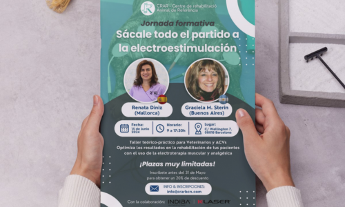 Cartel promocional de las Jornadas de CRAR en electroestimulación veterinaria con las ponentes Graciela M. Sterin y Renata Diniz