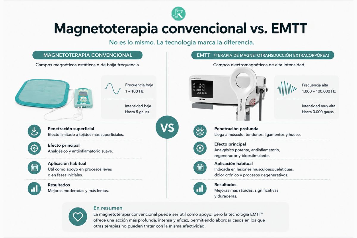 Infografía comparativa entre magnetoterapia convencional y EMTT® en rehabilitación veterinaria